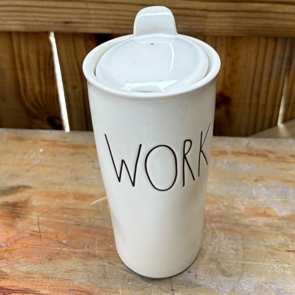 Rae Dunn Artisan Collection Work Black & White Ceramic Travel Tumbler & Lid